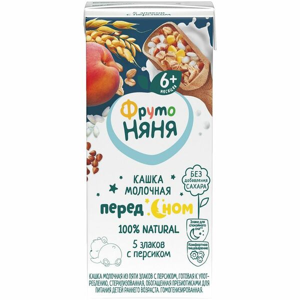 Каша ФрутоНяня молочная с персиком пять злаков с 6 месяцев, 200мл