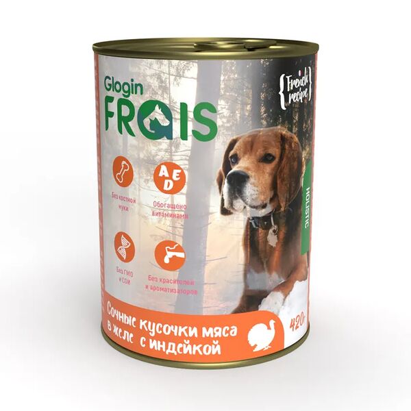 Влажный корм для собак Frais HD Сочные кусочки мяса в желе с индейкой 420г
