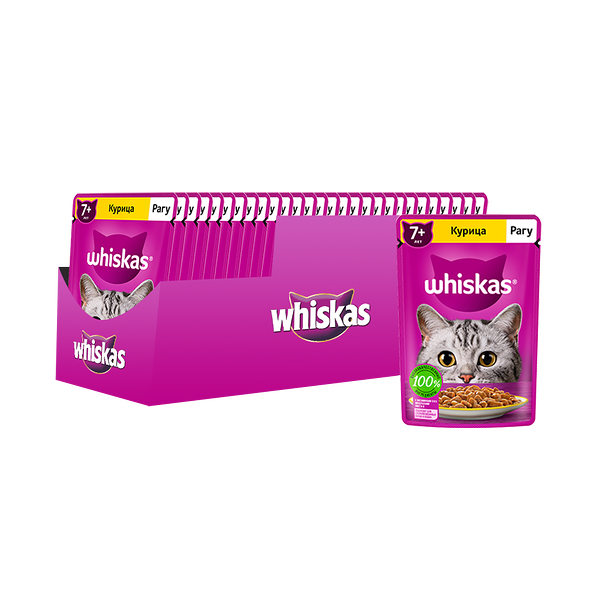 Корм для кошек WHISKAS старше 7 лет, курица рагу пауч 75г (упаковка - 28 шт)