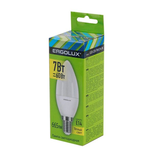 Светодиодная лампа Ergolux LED-C35-7W-E14-3K Свеча Теплый Свет 1 шт