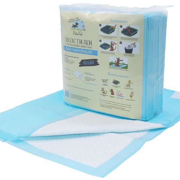 VitaVet Подстилки впитывающие с фиксирующими полосками 60 х 60 см., 12 шт.