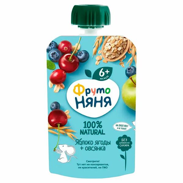 Пюре фруктово-злаковое ФрутоНяня яблоко-ягоды с овсяными хлопьями с 6 месяцев 90 г