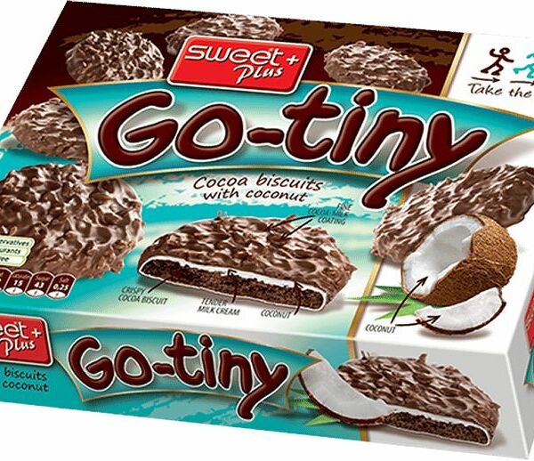 Печенье бисквитное go-tiny (гоу-тини) со вкусом шоколада с молочным кремом и кокосом в какао-молочной глазури ТМ Sweet+ (Свит+)