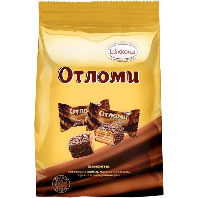 

Конфеты оригинальные Отломи Акконд с хрустящими вафлями, мягкой карамелью, арахисом и воздушным рисом 360 г