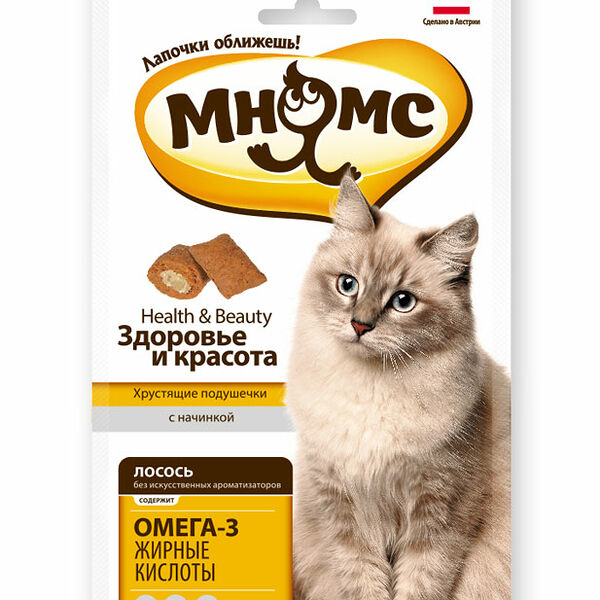 Хрустящие подушечки для кошек Здоровье и красота Мнямс с начинкой Лосось