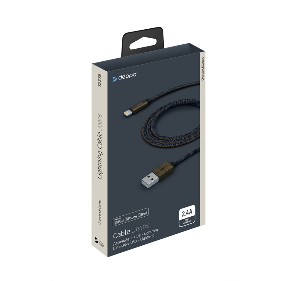 

Дата-кабель Jeans USB - Lightning Deppa медь/джинса, Mfi, 1.2м, синий, Китай