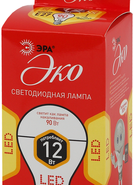 Лампа светодиодная ЭРА Эко 12Вт E27, теплый свет, груша