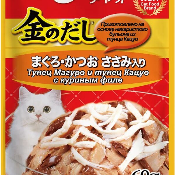 Влажный корм для кошек Inaba Kinnodashi с тунцом кацуо и магуро, с куриным филе, 60г