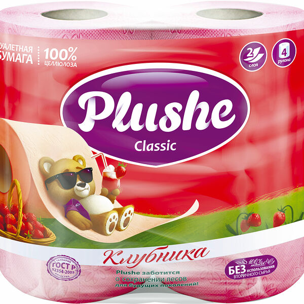 Туалетная бумага Plushe Classic Клубника 2 слоя 4 рулона