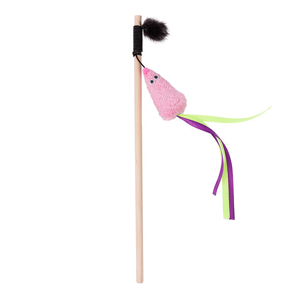 Дразнилка для кошек Мышка с хвостом из лент и кошачьей мятой розовая, 20 и 84 см