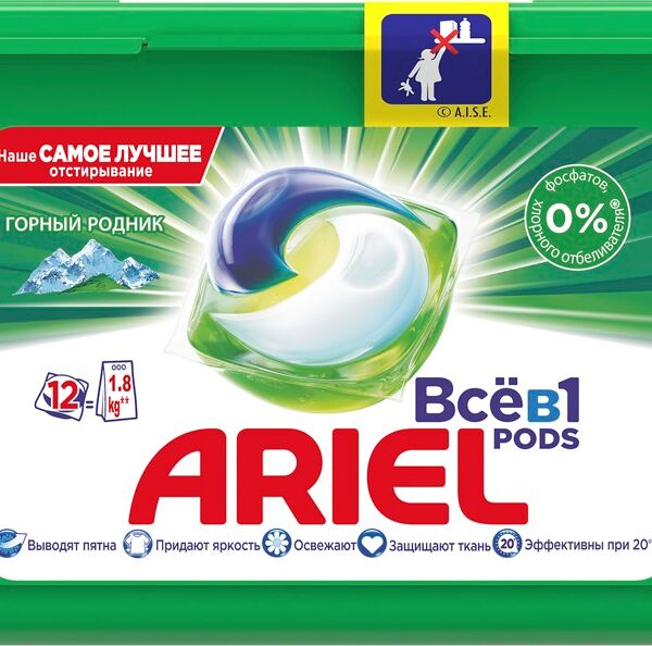 Капсулы для стирки Ariel Pods Всё-в-1 Горный родник, 12шт