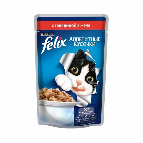 Влажный корм для взрослых кошек Felix Аппетитные кусочки с говядиной в желе