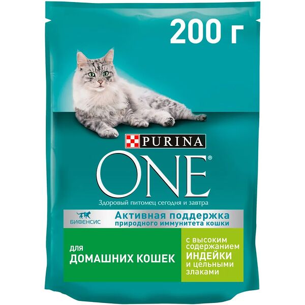 Сухой корм Purina ONE® полнорационный для взрослых кошек, живущих в домашних условиях, с высоким содержанием индейки, 200 г