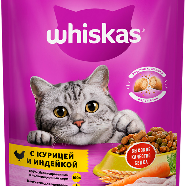 Сухой корм для кошек Whiskas полнорационный Вкусные Подушечки С Нежным Паштетом Аппетитное Ассорти С Курицей И Индейкой