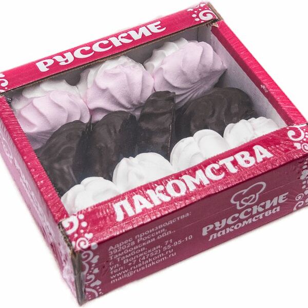 Зефир Русские Лакомства ванильный, бело-розовый, ванильный в темной глазури 400г