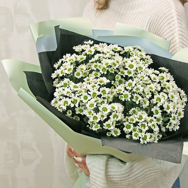 Букет из 15 белых кустовых хризантем Сантини в стильной упаковке