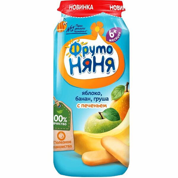 Пюре ФрутоНяня яблоко-банан-груша с печеньем с 6 месяцев, 250г