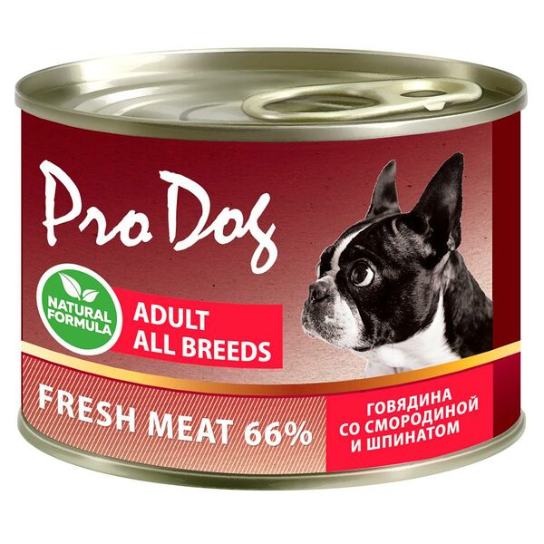 Корм для собак PRO DOG говядина, красная смородина, шпинат банка
