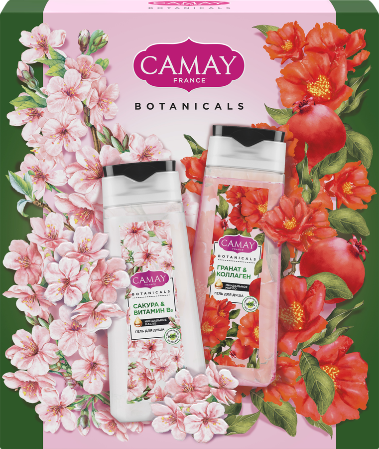 

Набор подарочный женский Camay Botanicals: Гель для душа Сакура 250 мл + Гель для душа Гранат 250 мл