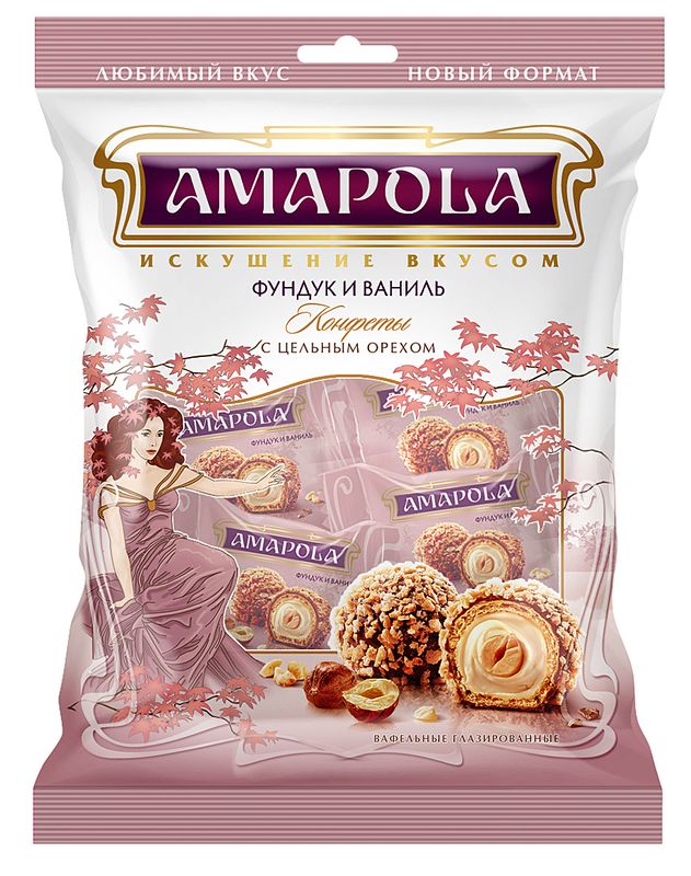 

Конфеты Amapola вафельные глазированные Фундук и Ваниль 120 г