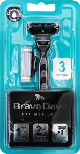 Станок для бритья BRAVE DAVE с увлажняющей полоской, +2 сменные насадки, 3шт