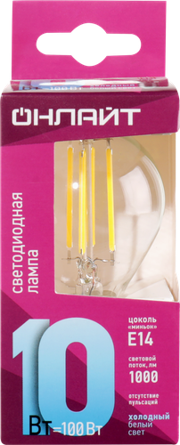 

Лампа светодиодная ОНЛАЙТ 10Вт 4000К Е14 шар, филамент, Арт. 80889