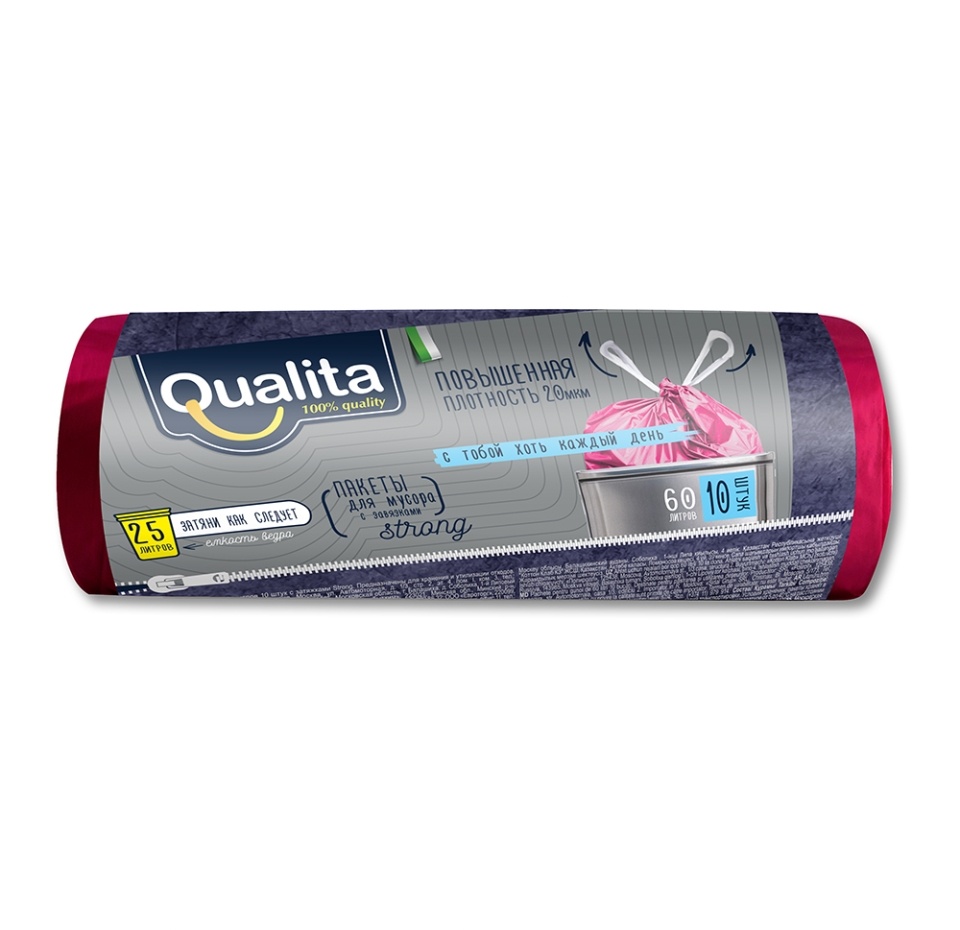 

Пакеты для мусора Qualita с завязками Strong 60 л, 10 шт