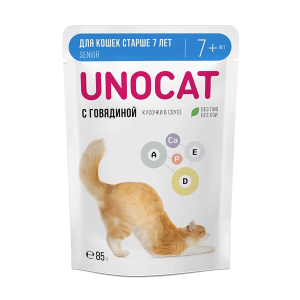 Влажный корм UnoCat для кошек старше 7 лет нежные кусочки с говядиной в соусе
