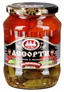 Овощные консервы Скатерть-Самобранка из корнишонов и томатов черри в Магнит со скидкой –21%