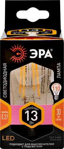 Лампа светодиодная ЭРА F-LED A60-13W-827-E27, 13Вт, филамент, груша, теплый белый свет, E27 Арт. Б0035027