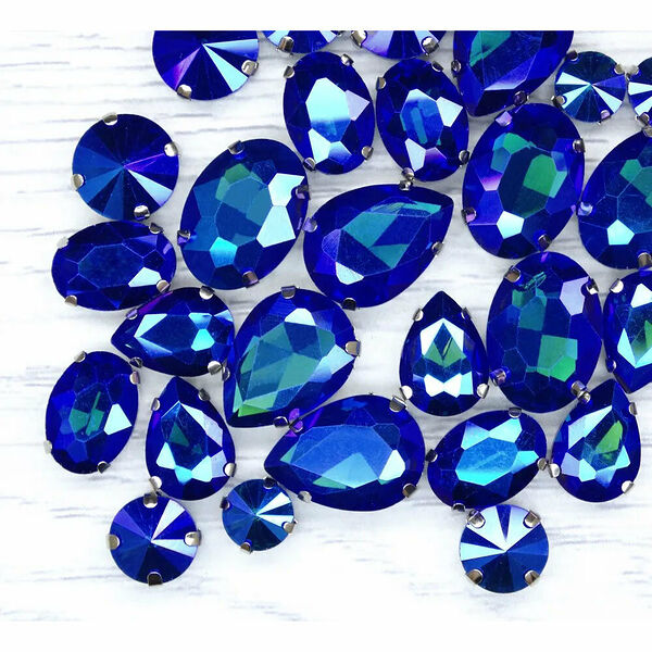 МФ-28 Хрустальные стразы в металлических цапах форма страз: МИКС синий с AB покрытием 10шт/упак