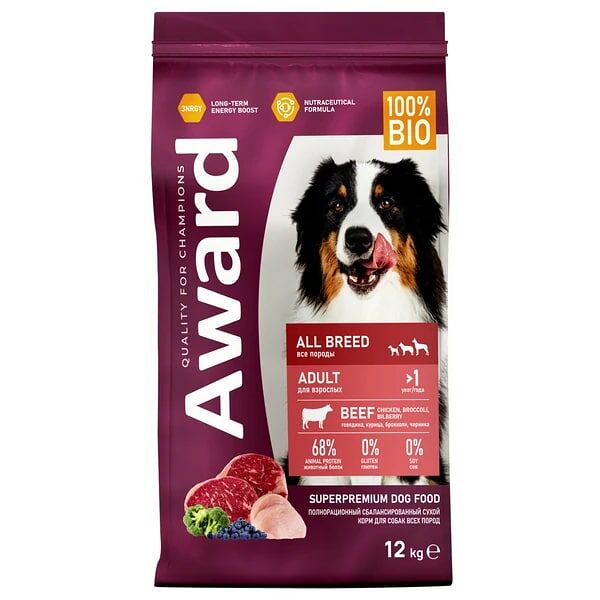 Сухой корм для взрослых собак всех пород Award All Breed с говядиной и курицей с добавлением брокколи и черники