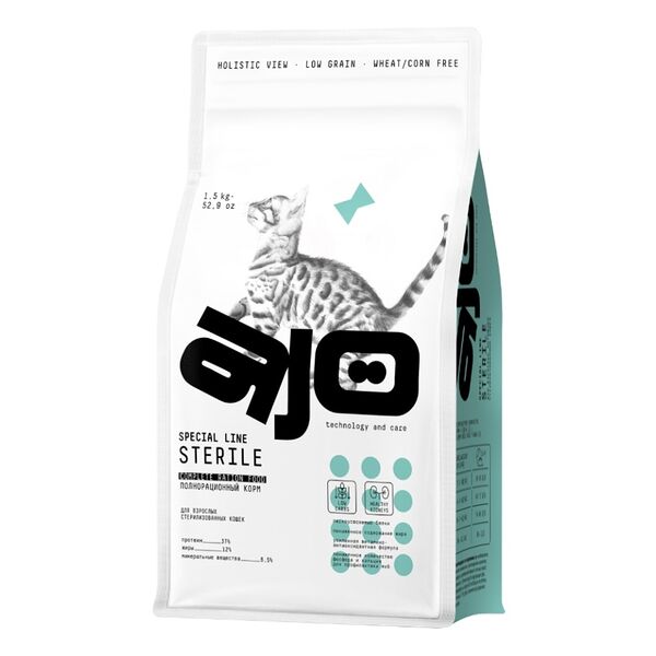 Корм сухой полнорационный Ajo Special Line с высоким содержанием белка с индейкой, курицей и уткой для активных стерилизованных кошек 1.5кг