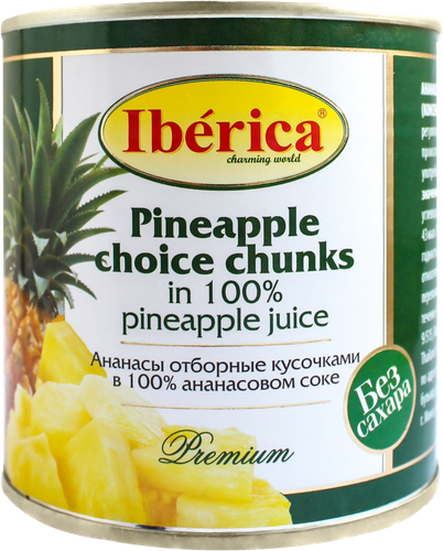 

Ананасы отборные Iberica кусочки в 100% ананасовом соке 435 мл