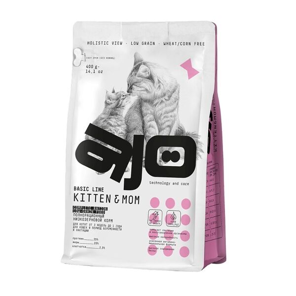 Корм сухой полнорационный Ajo Basic Line с индейкой для котят, беременных и кормящих кошек 400г