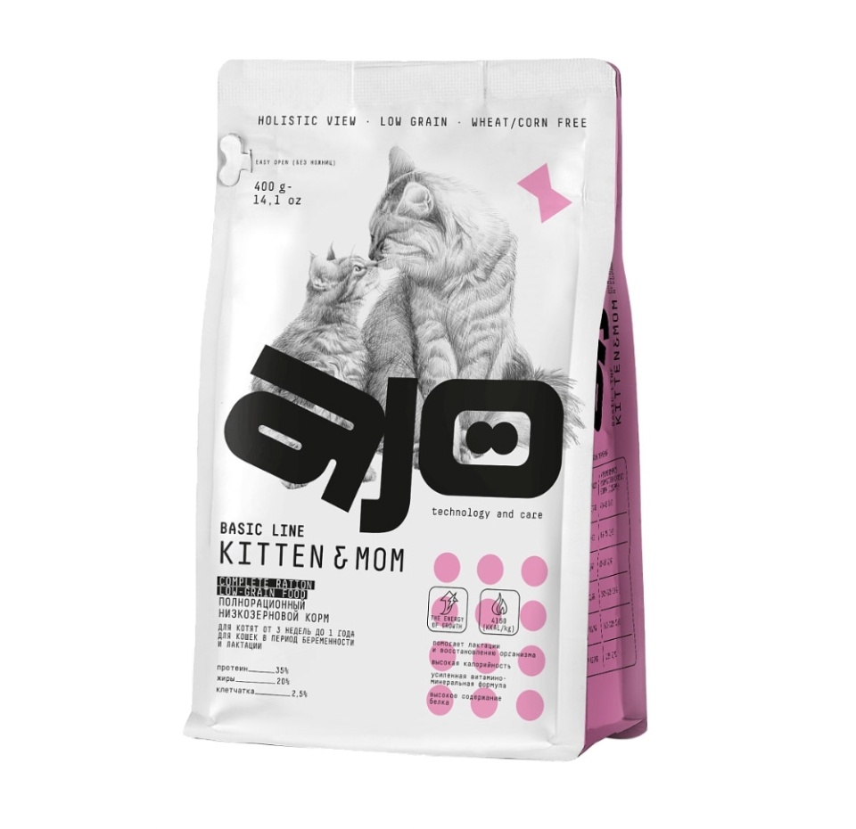 

Сухой корм Ajo Basic Line Kitten&Mom с индейкой для котят беременных и кормящих кошек 400 г