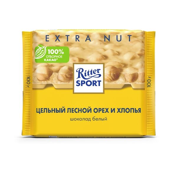 Шоколад Ritter Sport Extra Nut белый с цельным лесным орехом и хлопьями 100 г
