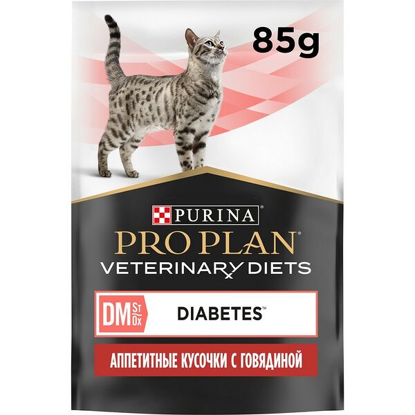 Корм для кошек Pro Plan Veterinary Diets DM при сахарном диабете, с говядиной пауч 85 г (упаковка - 4 шт)