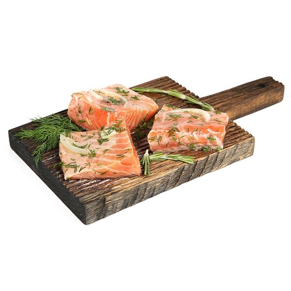 Шашлык из семги в лимонном маринаде с чесноком и оливковым маслом от 