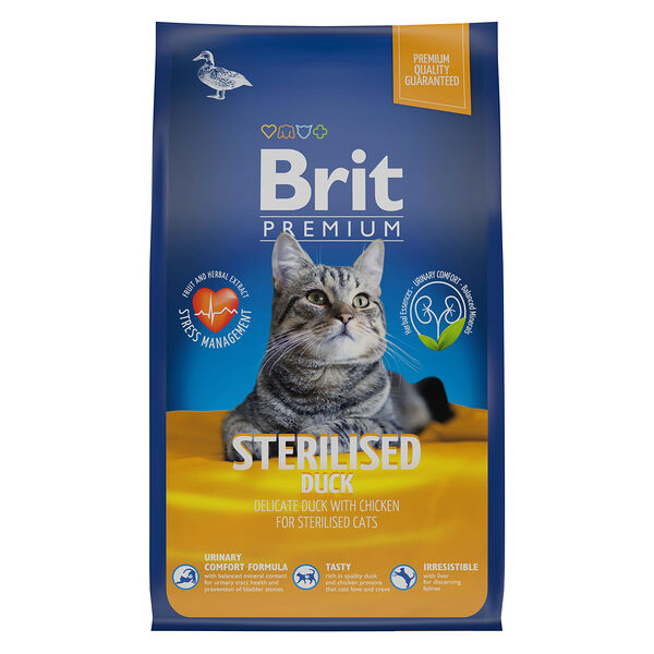 Корм Brit Premium Cat Sterilised для стерилизованных кошек и кастрированных котов Утка