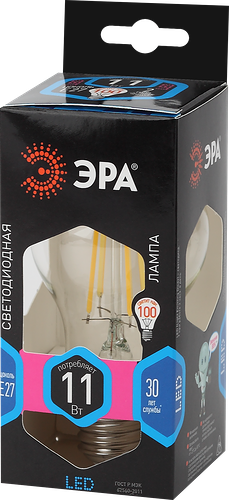 Лампа светодиодная ЭРА F-LED A60, Е27, 11Вт, груша, филамент, нейтральный белый свет Арт. Б0035026