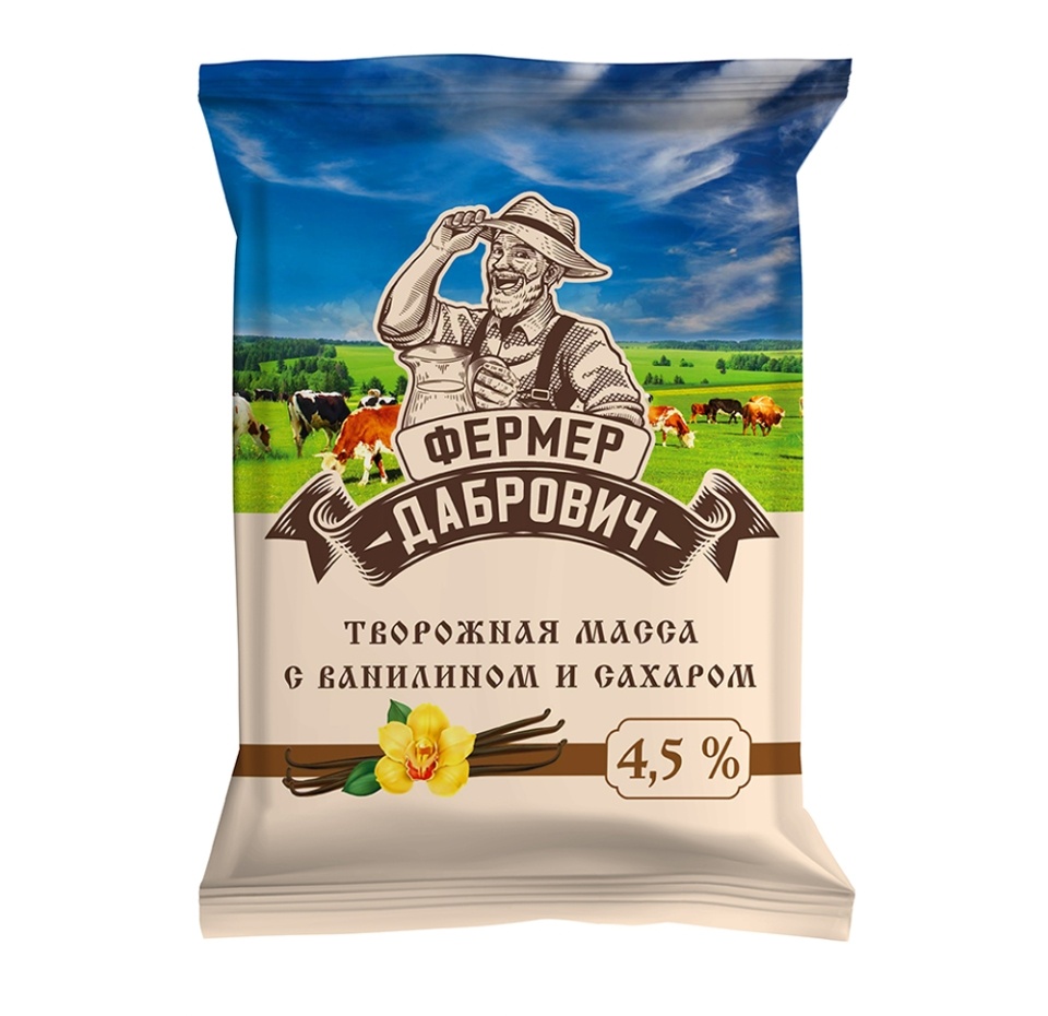 

Творожная масса с ванилином 4,5%, «Фермер Дабрович», 180 г, Россия, БЗМЖ