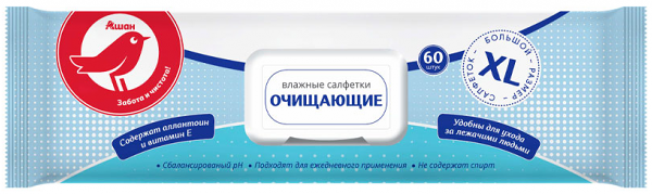 Салфетки влажные АШАН Красная птица очищающие, 60 шт