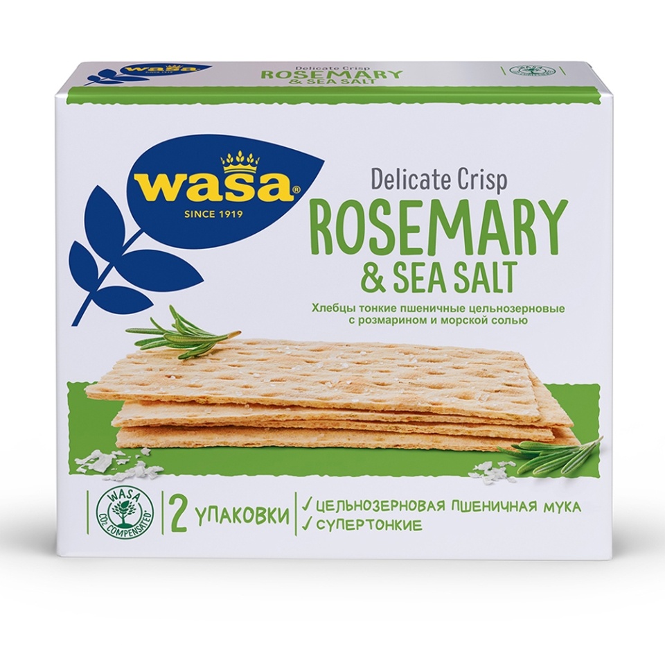 

Хлебцы пшеничные цельнозерновые Wasa тонкие Delicate Crisp Rosemary & Sea salt с розмарином и морской солью 190 г