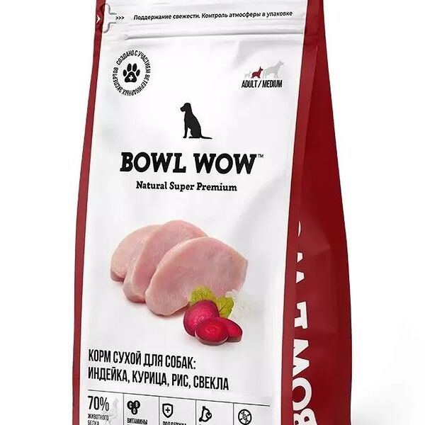 Сухой корм для собак Bowl Wow, для средних пород, индейка, курица, рис и свекла, 2 кг