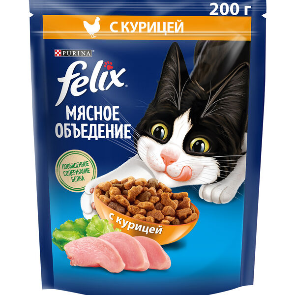 Сухой корм Felix Мясное объедение для взрослых кошек с курицей 200 г