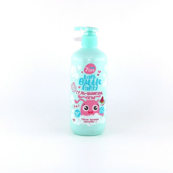 Гель+шампунь+пена 3-в-1 ПОСЛЕ ВЕСЕЛОЙ ПРОГУЛКИ с Арбузиком BATH BUBBLE PARTY, 7DAYS, 400 мл