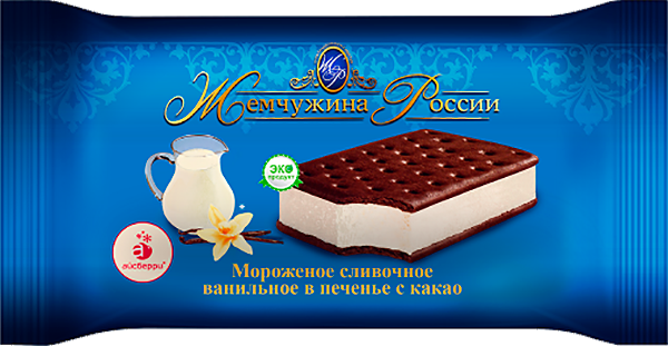 Мороженое Жемчужина России сэндвич ванильное с печеньем и какао
