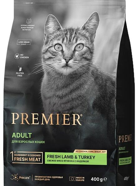 Сухой корм для кошек Premier Cat Lamb&Turkey Adult Свежее мясо ягненка с индейкой 400г