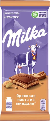 

Шоколад молочный Milka с начинкой с добавлением ореховой пасты из миндаля и с дробленым карамелизованным соленым миндалем 85 г